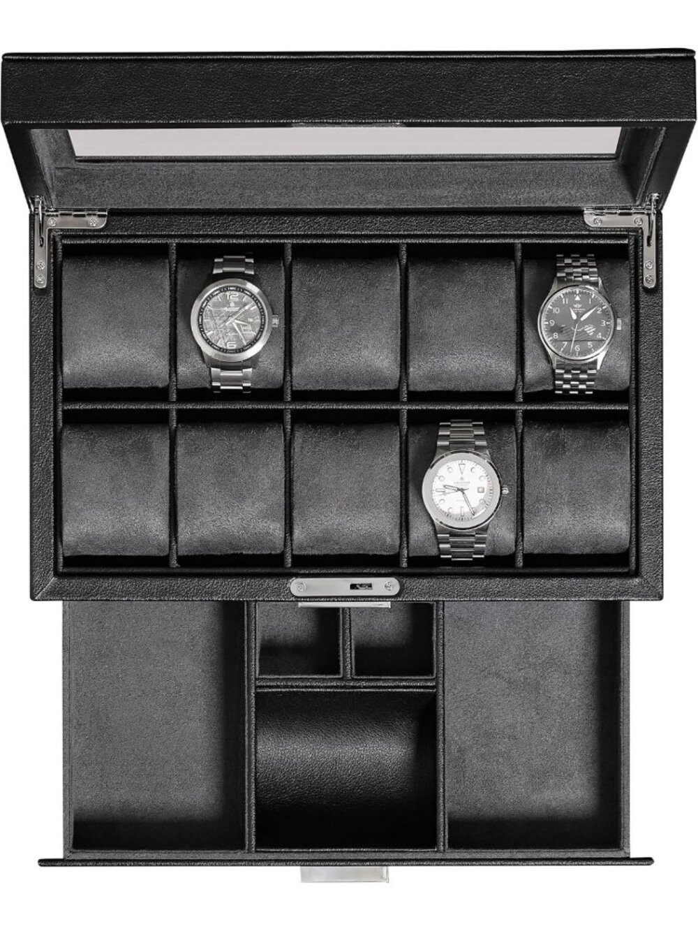 Luxury 10-Slot Leather Watch Box with Valet Drawer & Glass Top - Jewelry